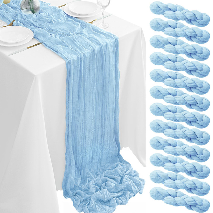 12Pack Baby Blue Cheesecloth Table Runner 35x120Inch Light Blue Cheese Cloth Table Runners 10FT Boho Gauze Rustic Sheer Table Runner for Party Weddin