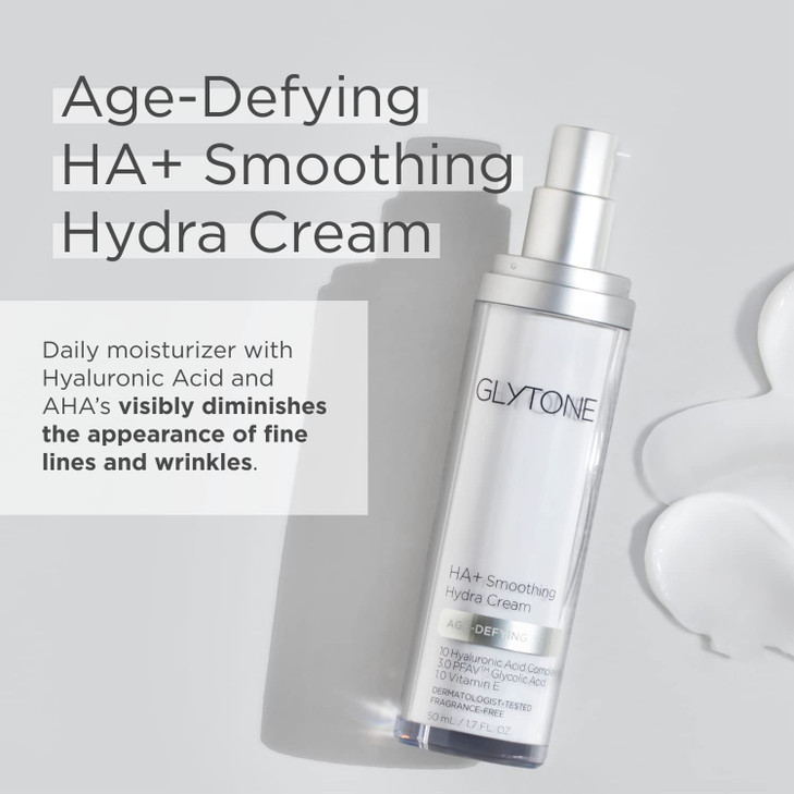 Glytone Age-Defying HA+ Smoothing Hydra Cream | Anti Aging Face Moisturizer for Fine Lines & Wrinkles | Firms & Hydrates with 10 Hyaluronic Acid, 3.0