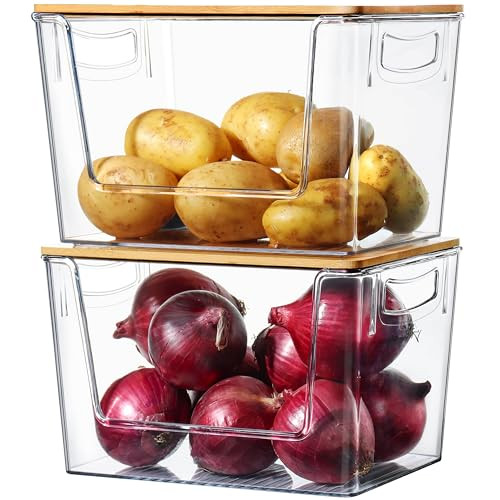 Pantry Organizers Storage, 2 Pack Under Sink Organizer Trash Bag Holder with Bamboo Lids Large Capacity Clear Storage Bins for Onion, Potato, Garlic,