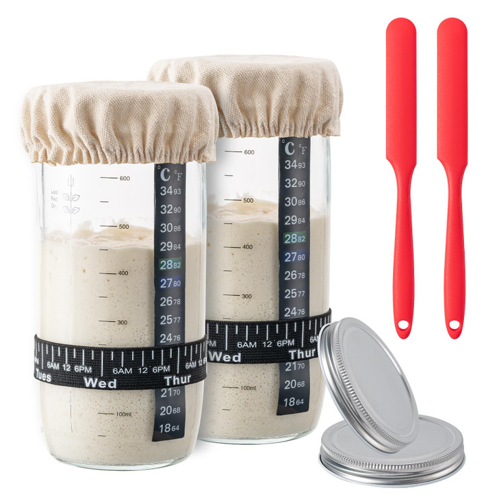 BOOMIBOO 24 oz Sourdough Starter Jar, Glass Jars Fermentation Kit, Sourdough Starter Kit with Date Marked Feeding Band, Thermometer, Cloth Cover & Me