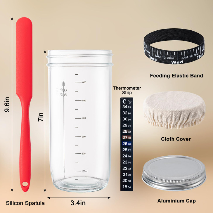 BOOMIBOO 24 oz Sourdough Starter Jar, Glass Jars Fermentation Kit, Sourdough Starter Kit with Date Marked Feeding Band, Thermometer, Cloth Cover & Me