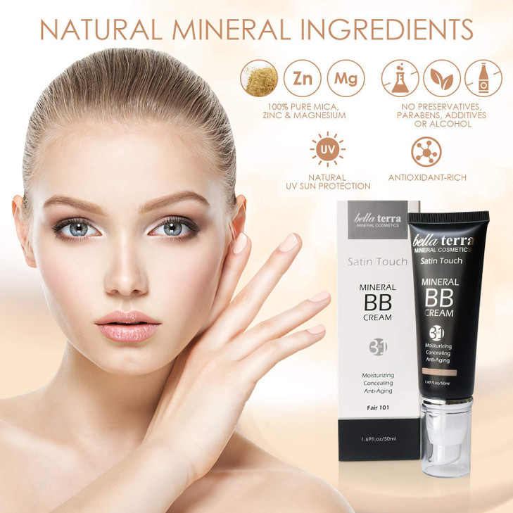 Bellaterra Cosmetics BB Cream  Tinted Moisturizer & Mineral Foundation Makeup, Fair 101  Lightweight, Oil-Free, Buildable Coverage, Matte Finish, A