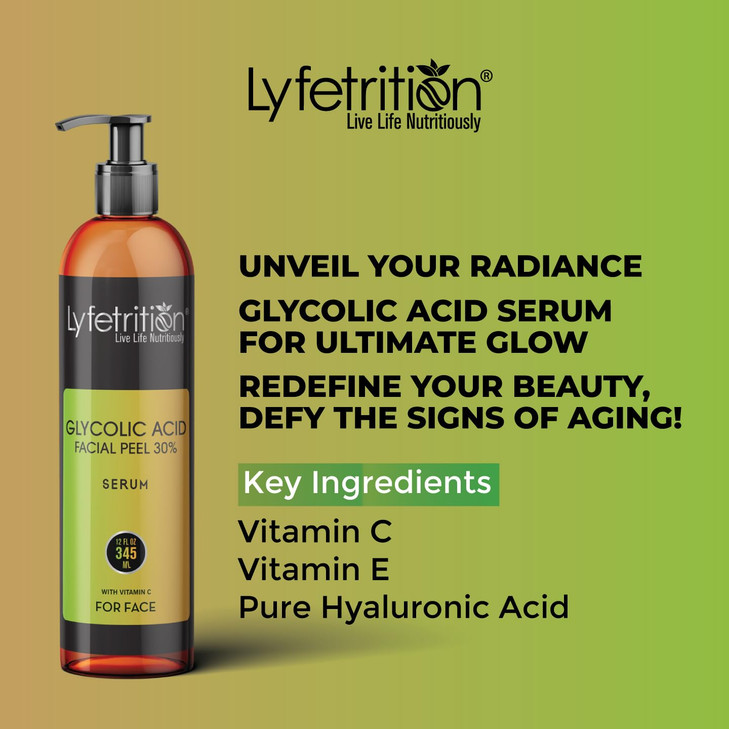 Lyfetrition Glycolic Acid/AHA 30% Renewal Serum, infused with Vitamins C & E for Skin Brightening, Exfoliating Serum Works for Dark Spots, Acne, and