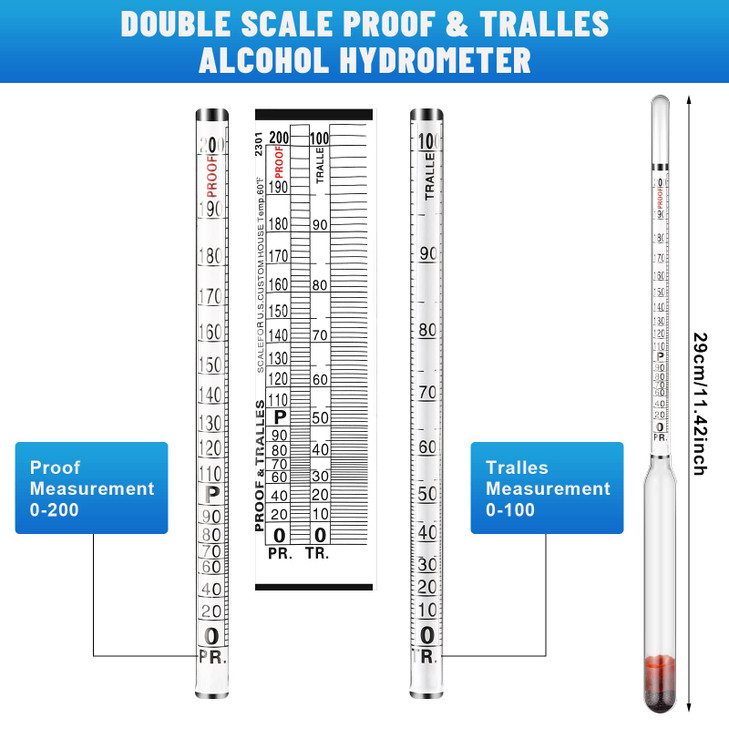 Kanayu 2 Pcs Hydrometer Alcohol 0-200 Proof and 0-100 Tralle Alcohol Proof Percentage Tester for Moonshine Still Liquor Alcoholic Hydrometer Measurin