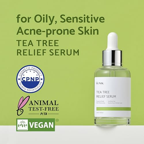 IUNIK Tea Tree Relief Vegan Serum for Acne-Prone Skin  Non-Sticky & Lightweight Facial Ampoule with Centella Asiatica for Soothing, Calming, and Bal