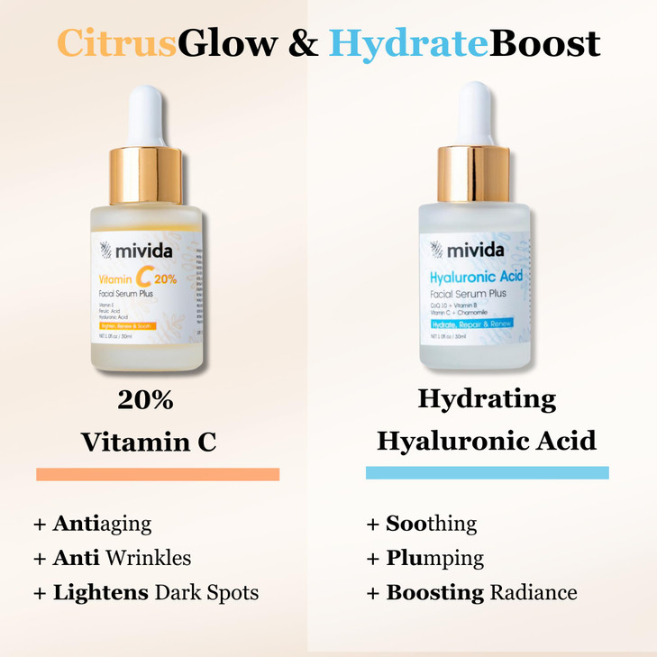 mivida Anti-Aging Duo, 20% Vitamin C Serum + Hyaluronic Acid Serum for Face | Reducing Fine Lines, Soothing, Plumping, Sensitive Skin Safe, Fragrance