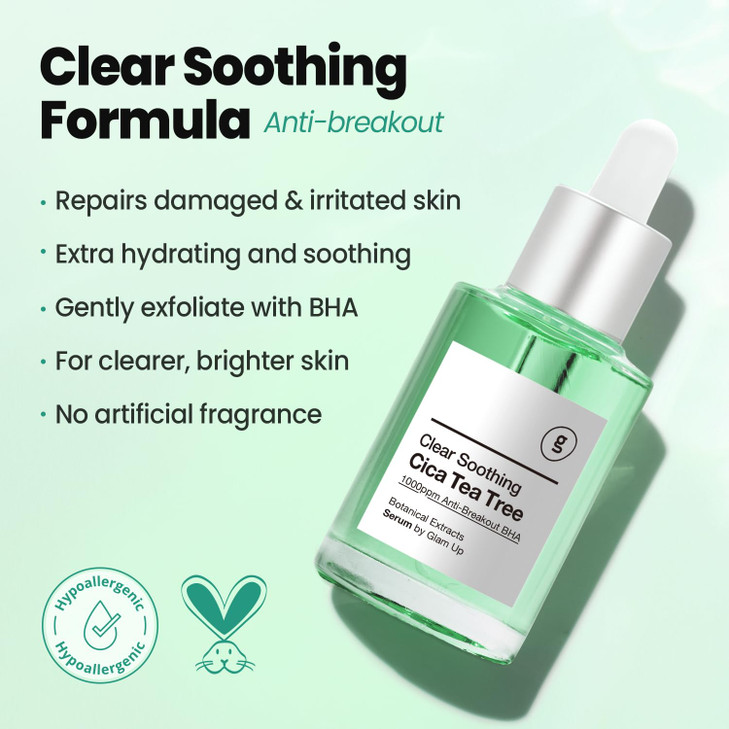 GLAM UP CICA Tea Tree serum Double Shot 30ml(1.12 Fl Oz) With HYALURON+BHA Calming Booster Acne Treatment Tea Tree Oil & Niacinmid for Acne Blackhead