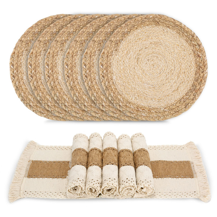 Zology Handmade Boho Placemats Set of 6 - Natural Cotton Burlap and Water Straw Woven Combination Table Mats, Macrame Décor and Farmhouse Style Place