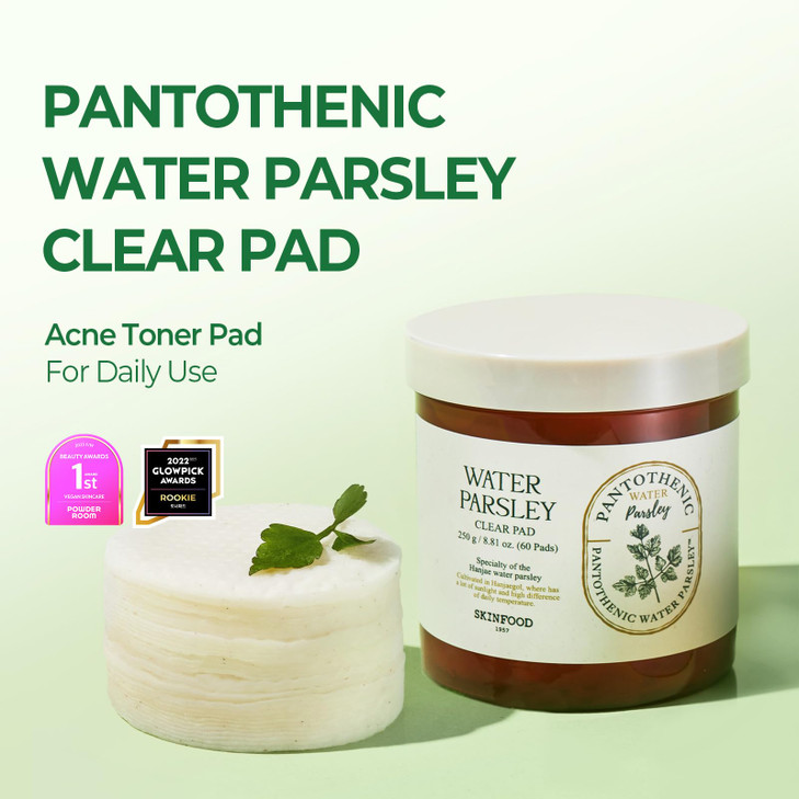 SKINFOOD Pantothenic Water Parsley Clear Toner Pad, Daily Exfoliating Pads for Sensitive Skin, Korean Skincare Sebum Control Face Toner for Trouble S