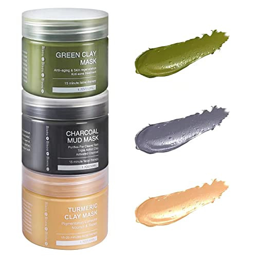 Bisou Bisou Bisou Turmeric Clay, Dead Sea Mud & Charcoal Gel Face Mask Trio With Applicator, Deep cleansing Clay and Mask Applicator, Facial Therapy