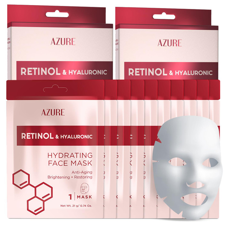 Azure Cosmetics Retinol & Hyaluronic Acid Anti Aging Facial Sheet - Rejuvenating & Hydrating Face Mask - Helps Reduce Fine Lines & Wrinkles, Smooths