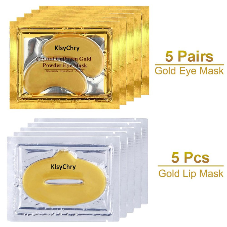 KlsyChry 24K Gold Gel Crystal Collagen Lip and Eye Mask Set, 5 Pairs Gold Eye Mask Pads and 5 Pcs Gold Lip Patches for Moisturizing, Anti Wrinkle, An