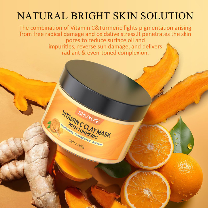 SHVYOG Turmeric Vitamin C Clay Mask with Kaolin Clay for Dull & Blemish-Prone Skin, Deep Cleansing Facial Mask, Face Masks Skincare for Controlling O