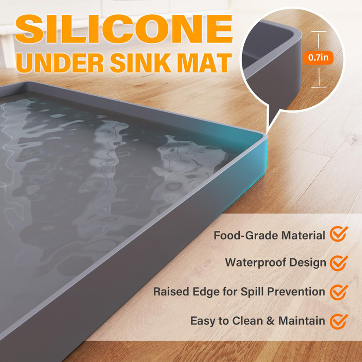 FLATO Waterproof Under Sink Mat 34" x 22" Shelf Liner for Kitchen and Bathroom, Cabinet Protector, Organizers and Storage, Flexible Silicone Drip Tra