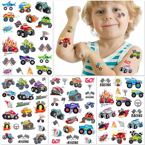 75 PCS Toddler Tattoos Hot Wheels Birthday Decorations Hot Wheels Party Favors, Kids Tattoos Temporary for Boys Monster Truck Racing Car Flag Fake Ta