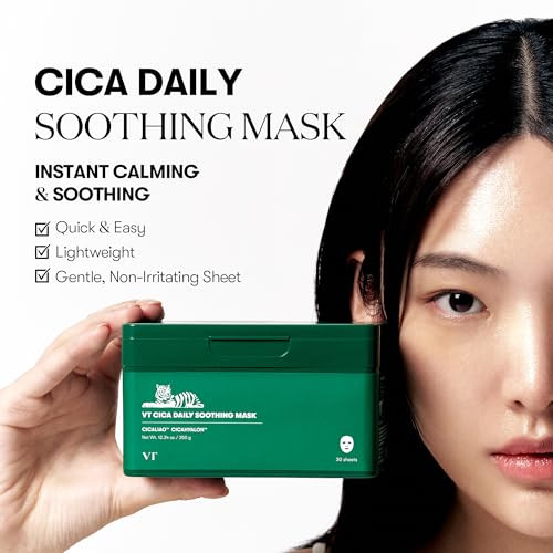 VT COSMETICS CICA Daily Soothing Mask 30 Sheets, Centella Asiatica & Hyaluronic Acid for Moisturizing & Hydrating, Instant Calm & Glow, Skin Softenin