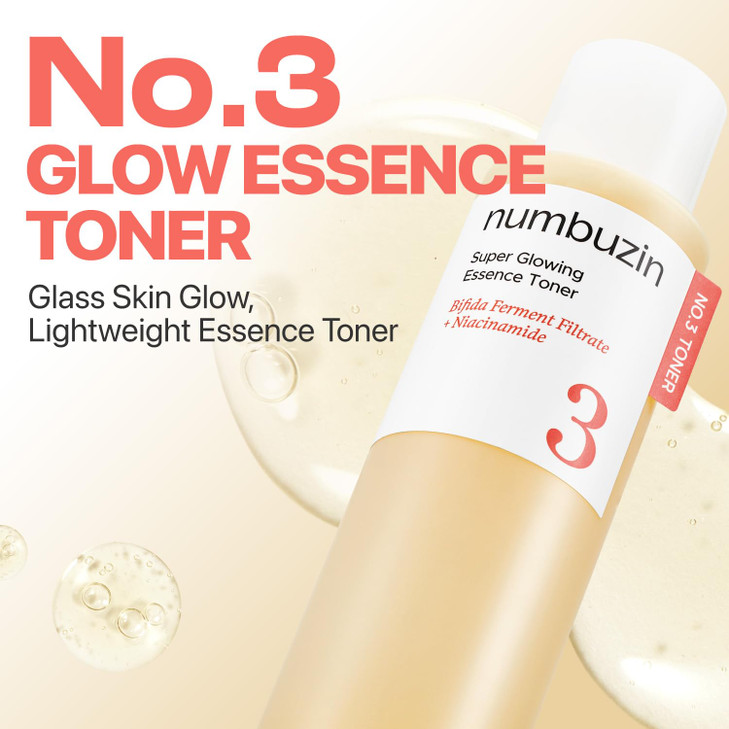 numbuzin No.3 Super Glowing Essence Toner, Fermented Toner for Skin Glow & Texture, Bifida, Niacinamide, Hydrating, Radiance-Boosting Essence, Zero P