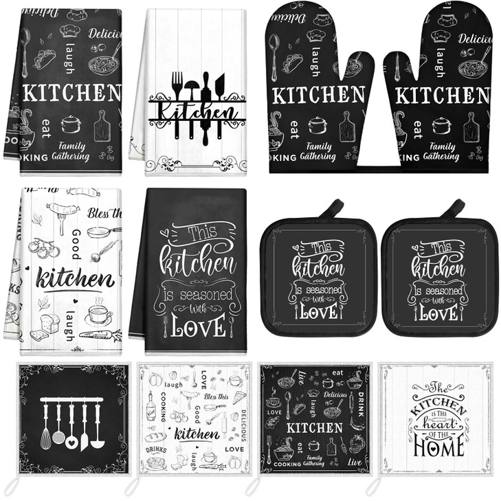 12 Pcs Farmhouse Kitchen Decor and Accessories Sets 4 Black and White Kitchen Towels 4 Absorbent Dishcloths 2 Pot Holders 2 Oven Mitts Gloves for Hom