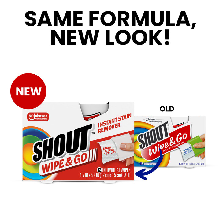 Shout Wipes Stain Remover for Clothes Laundry, Instant Stain Remover and Individually Wrapped, Travel Essentials, Works on Everyday Stains, 12 Wipes