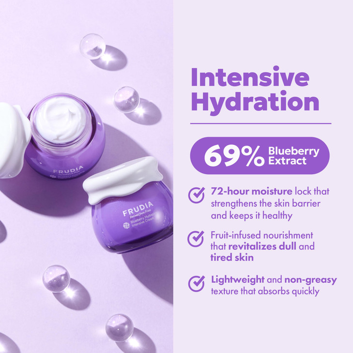 FRUDIA Blueberry Hydrating Intensive Face Cream, Vegan Korean Face Moisturizer w/69% Blueberry Extract, Panthenol & WS BS Care EX for Dry Skin (0.33