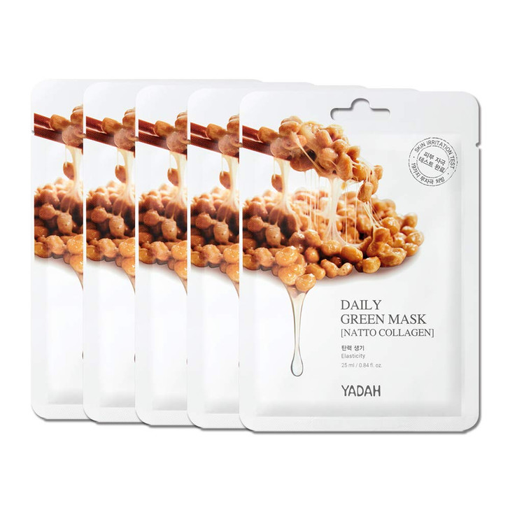 YADAH Daily Green Facial Sheet Mask, Natto Collagen, Pack of 5  Vegan 100% Eco-friendly Mask Sheet for Skin Elasticity