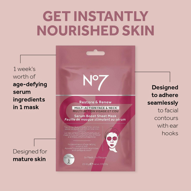 No7 Restore and Renew Multi-Action Face and Neck Serum Boost Mask  Anti-Aging, Firming, Wrinkle-Reducing Sheet Mask for Hydrating and Brightening Un