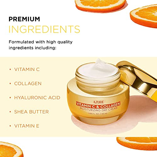 Azure Cosmetics Vitamin C & Collagen Face Moisturizer - Dermatologist Tested, Anti-Aging, Skin Tightening & Brightening, Clean, Cruelty-Free Face Cre