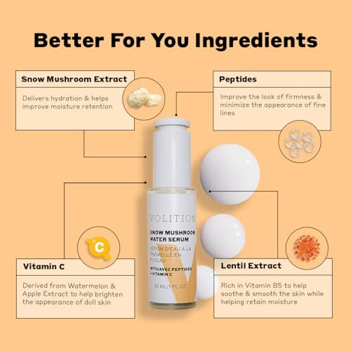 Volition Beauty Snow Mushroom Water Serum with Peptides + Vitamin C | Floods Skin with Moisture & Hydration | Visibly Minimizes Lines, Wrinkles & Por