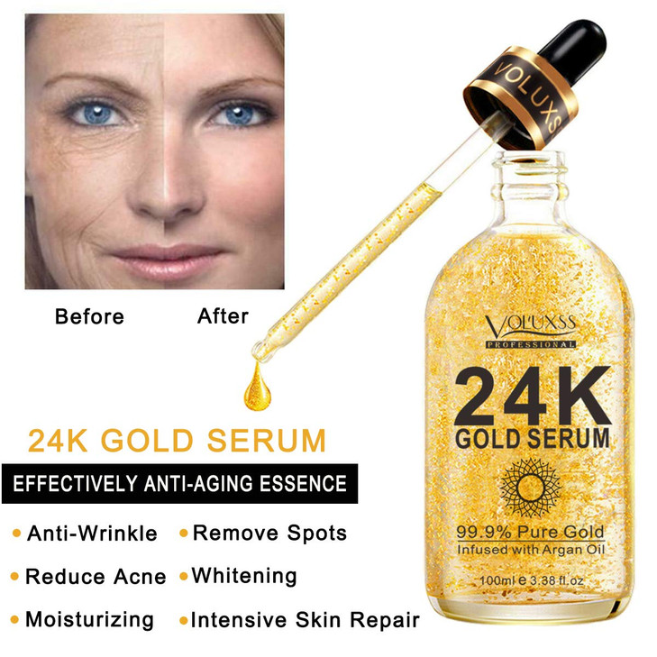 Voluxss 24K Gold Serum for Face,Skin Brightening Anti Aging Face Serum Moisturizer with Vitamin C,Hyaluronic Acid & Argan Oil for Dark Spots & Fine L
