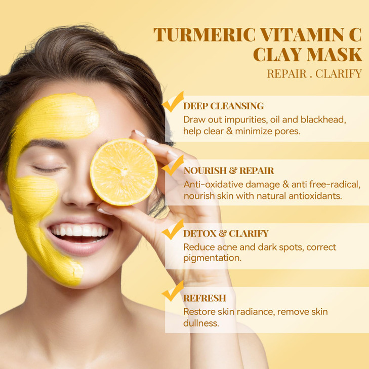 ANAI RUI Turmeric Vitamin C Clay Mask, Vitamin C Clay Facial Mask for Blackheads, Pores, Wrinkles, Fine Lines, Hydrating, Clarifying, Cleansing, Cont