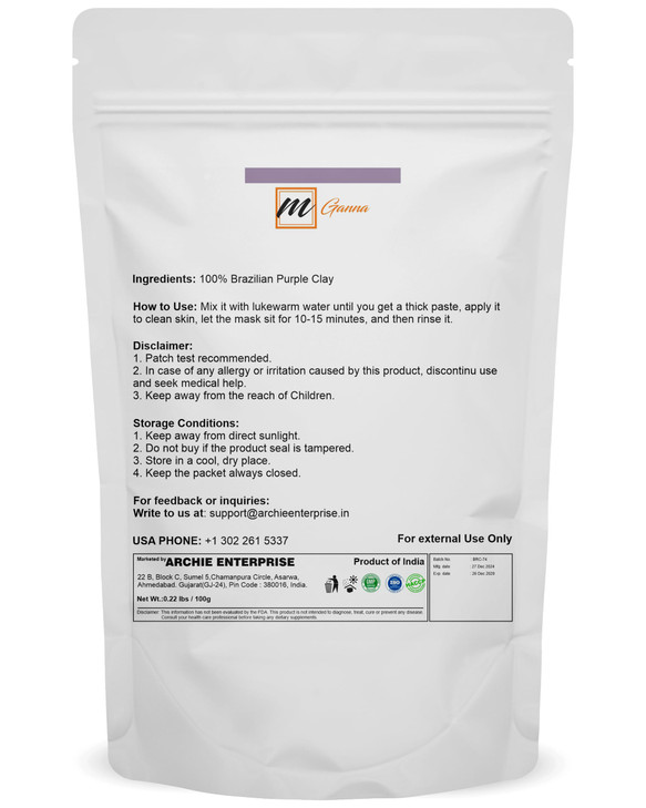 mGanna 100% Natural Brazilian Purple Clay for Hair Masks, Scrubs, Creams and Soap Making 0.22 LBS / 100 GMS