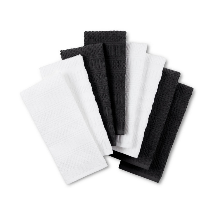 KitchenAid Cotton Classics Textured Solid Antimicrobial Kitchen Towels 8-Pack, Absorbent 100% Cotton, Matte Black/White, 17x28