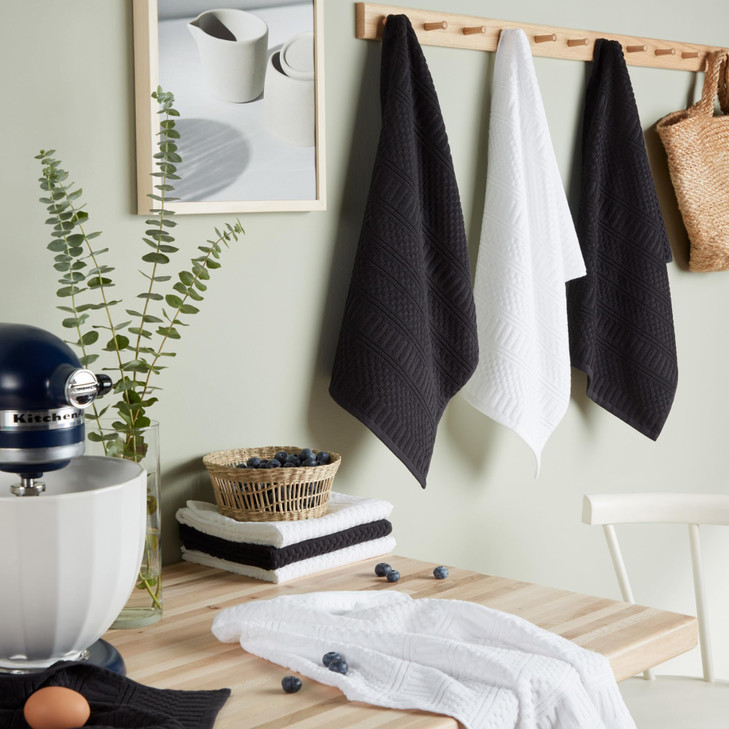 KitchenAid Cotton Classics Textured Solid Antimicrobial Kitchen Towels 8-Pack, Absorbent 100% Cotton, Matte Black/White, 17x28