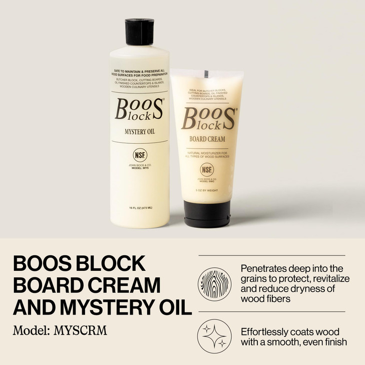 John Boos 2-Piece All-Natural Care & Maintenance Set  16 oz Mystery Oil & 5 oz Board Cream for Butcher Blocks, Cutting Boards, Wood Countertops, and