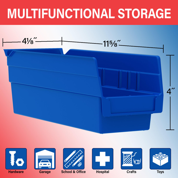 Akro-Mils 30120 Plastic Shelf Bins, Heavy Duty Storage Bins for Garage, Closet, and Drawer Organization, 12-Inch x 4-Inch x 4-Inch, Blue, 24-Pack