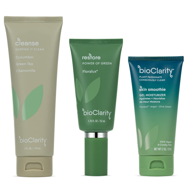 BioClarity 3-Step Essentials Skin Care Routine for Normal and Oily Skin Types | Cleanse, Restore, Moisturize, Hydrate | 100% Clean Vegan Ingredients