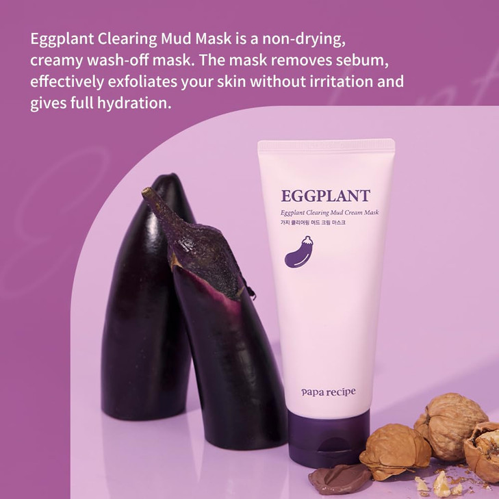 Papa Recipe Eggplant Clearing Mud Cream Mask  Bentonite & Kaolin Clay Face Mask, Deep Pore Purifying, Balancing & Hydrating Skin, Gentle Exfoliating