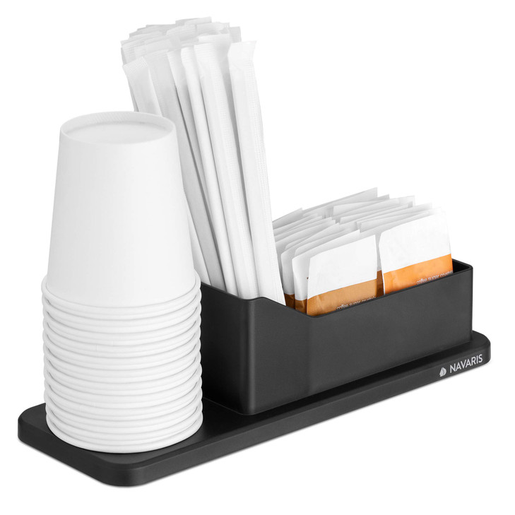 Navaris Small Coffee Station Organizer - Tea and Coffee Condiment Supplies Holder with Stacking Cup Storage - For Kitchen or Office Break Room - Blac