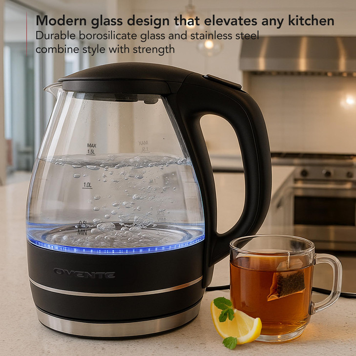 OVENTE Electric Kettle, 1.5L Borosilicate Glass Countertop Water Heater and Boiler for Coffee or Tea, BPA-Free, Auto Shut-Off, Boil-Dry Protection, R