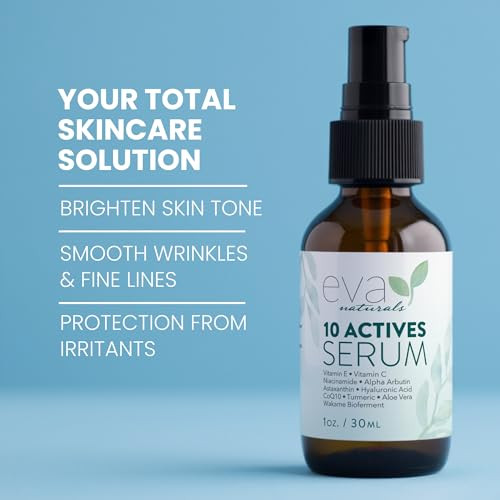 Eva Naturals 10 Actives Serum  Vitamin C, Niacinamide, Hyaluronic Acid, Turmeric, CoQ10  Natural Anti Aging Face Serum for Dark Spots, Wrinkles, Ac
