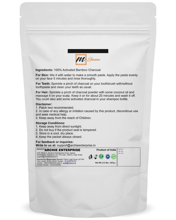 mGanna Activated Bamboo Charcoal 0.5lbs / 227g for Teeth Cleaning, Face Masks, Scrubs and Soap Making