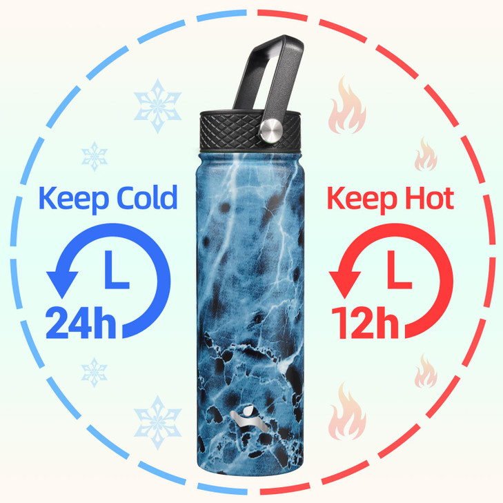 Konokyo 22oz Stainless Steel Bottles with 3 Lids Sport Insulated Water Bottle,Marble Ocean