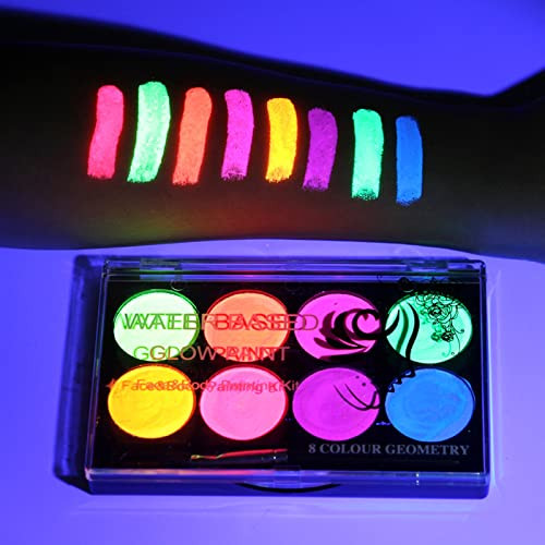 MEICOLY Neon Face Paint,UV Blacklight Glow Face Paint,8 Bright Colors Neon Fluorescent Rave Body Paint Palette,Water Activated Eyeliner,Water Based G