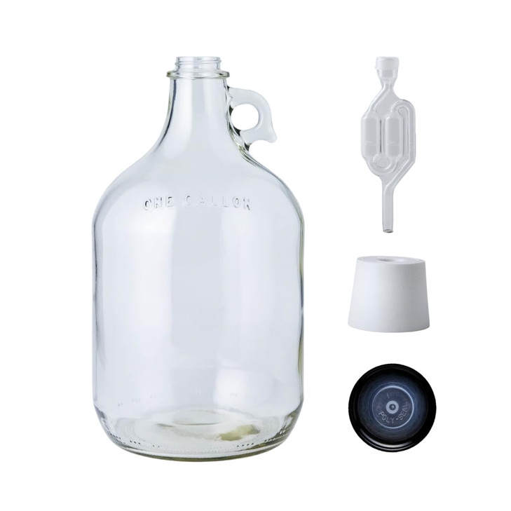 FastRack 1 Gallon Glass Jug with Black Polyseal Caps, 6.5G Rubber Bungs & Twin Bubble Airlocks  Fermentation Jars for Home Brewing, Clear Glass Ferm