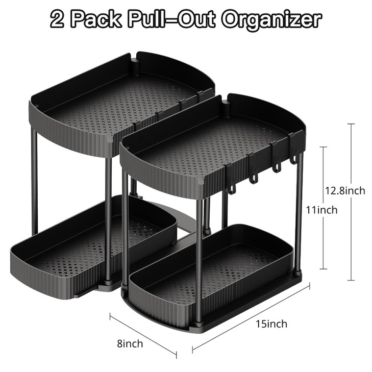 Ukeetap Multi-Purpose Pull-Out Storage Organizers, Under Sink/Cabinet Organizers and Storage for Bathroom & Kitchen, Black, 12.8 Inches, 2 Packs