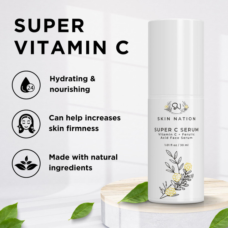 Skin Nation Super Hydrating Vitamin C Face Serum with Ferulic Acid, Aloe Vera, Rosehip Oil, Can Help Smooth Skin Texture and Supports Firmer Skin, fo