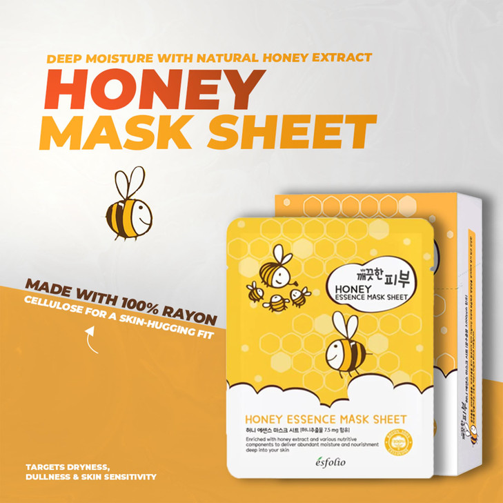 esfolio Honey Essence Face Mask  Hydrating & Nourishing Sheet Mask for Dry, Dull, Sensitive Skin  Moisturizing Face Treatment with Natural Honey Ex