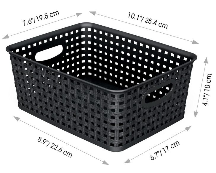 WYT Woven Storage Organizer Basket, 6-Pack Black Plastic Weave Baskets, 10.1 x 7.55 x 4.1