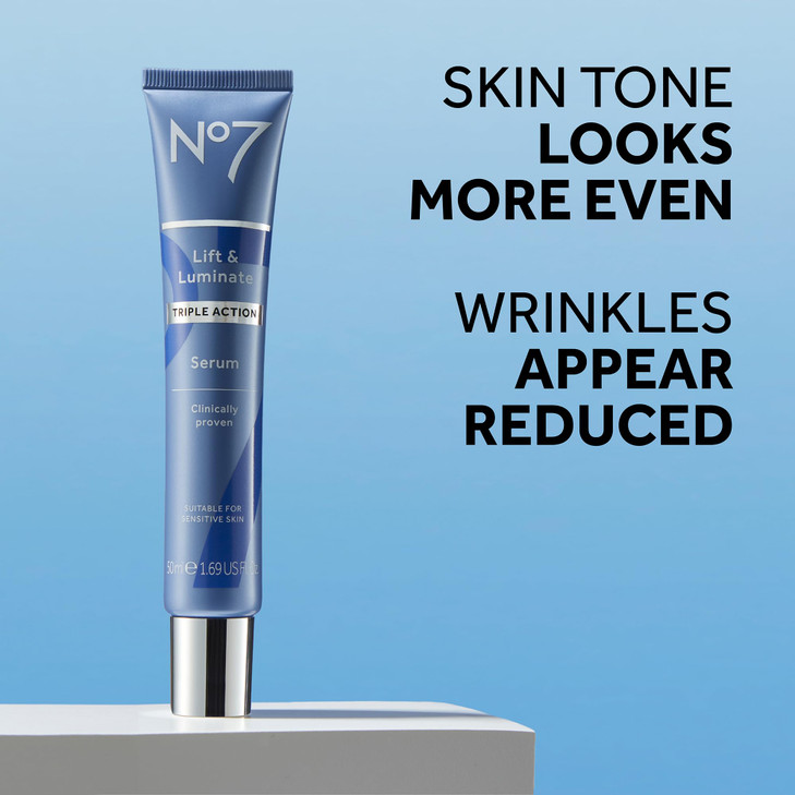 No7 Lift and Luminate Triple Action Face Serum  Anti-Wrinkle Collagen Peptide Serum with Vitamin C, Brightening Emblica, Pro Retinol, Hyaluronic Aci