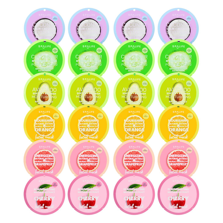 SpaLife Beauty Fruit Facial Sheet Masks 24 Pack  Face Masks Skincare Set  Hydrating Face Masks  6 Natural Fruit Extract Formulas  Orange, Grapefr